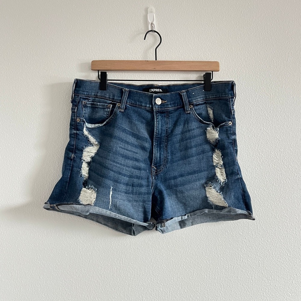 Express Blue Shortie High Rise Distressed Denim Shorts 14 Casual Summer Wear